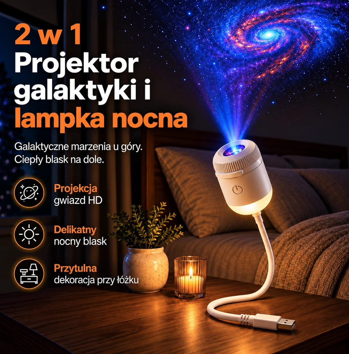 Projektor galaktyki i lampka nocna 2w1